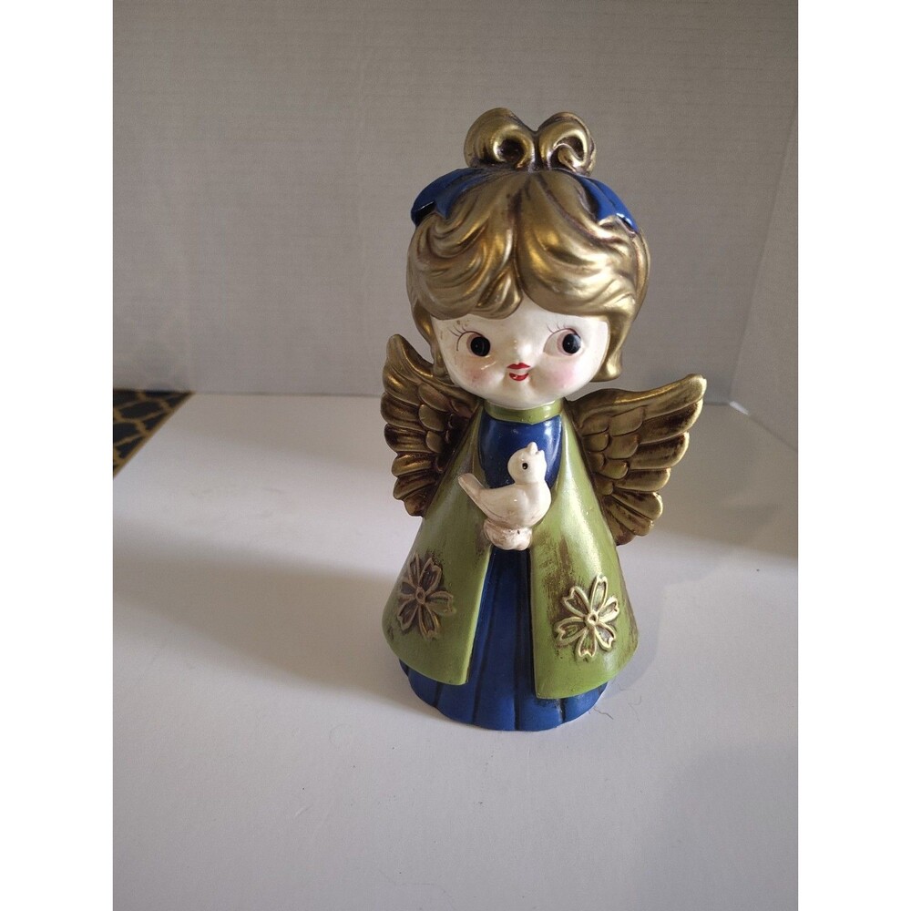 VTG HOLT HOWARD Chalkware Christmas Angel Green Blue Holding Bird Wings Japan 55